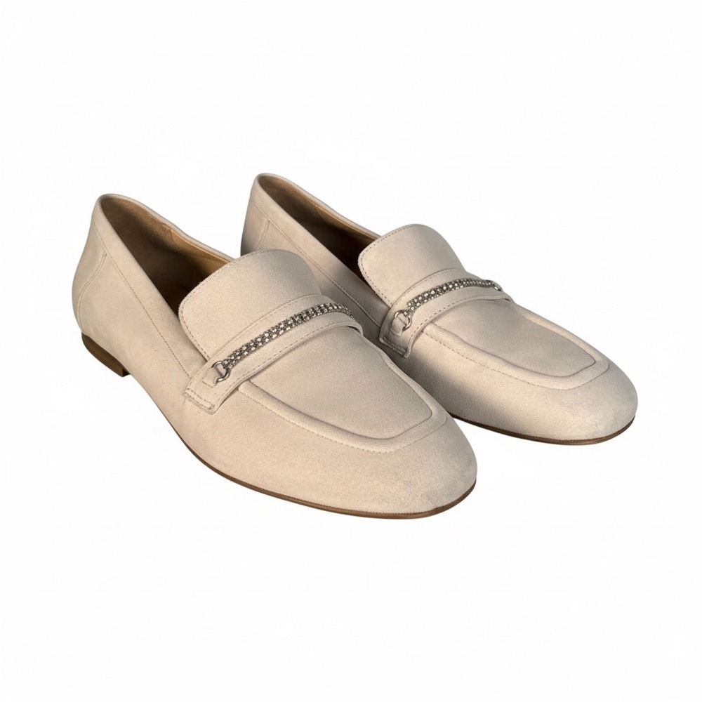 Franco Sarto Womens Beige Suede Chain Link Loafers Size 7.5M Flat Shoes Slip On